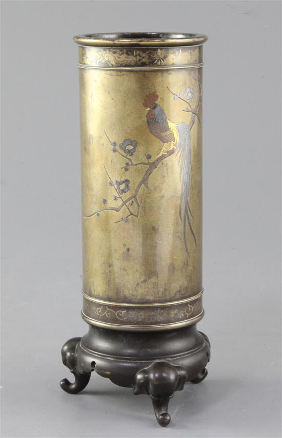 A Japanese bronzed and mixed metal cylindrical vase, Meiji period, height 19.8cm